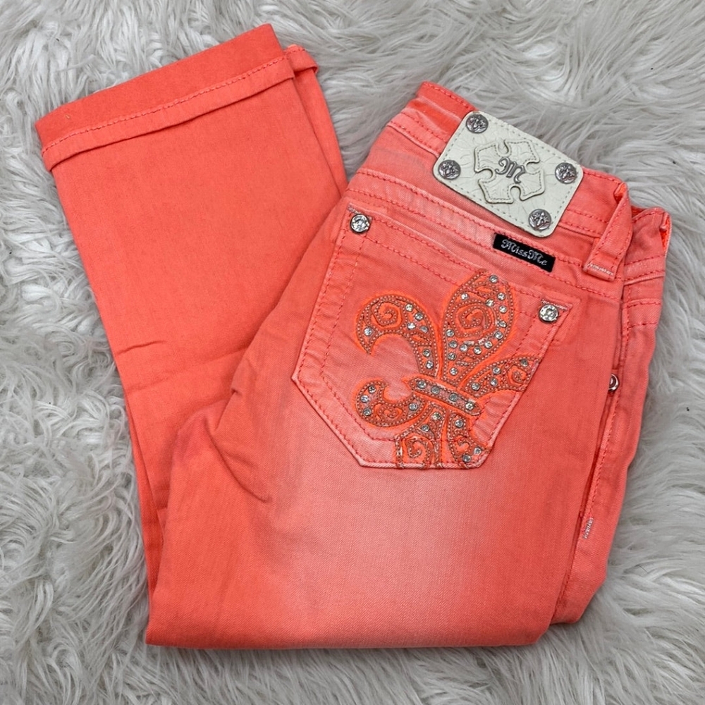 Miss Me Coral Pink Rhinestone Embellished Capri / Mid Rise Jeans 24
